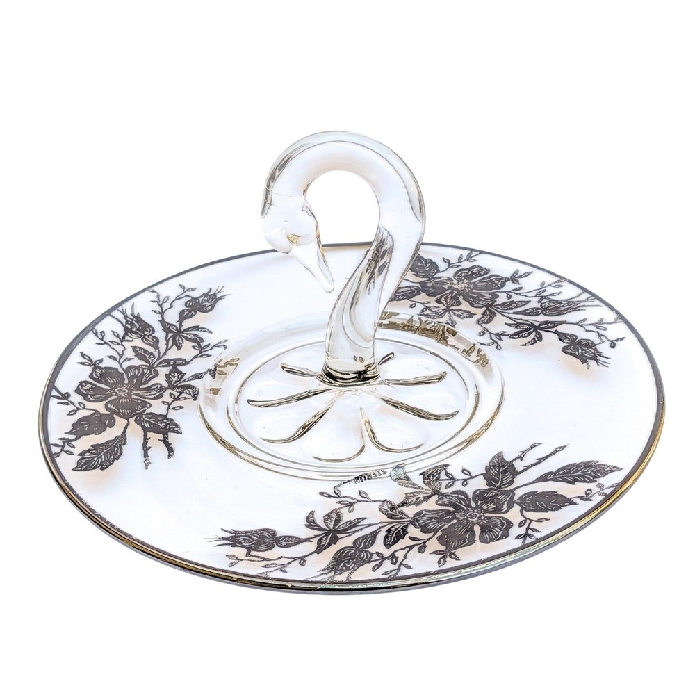 Paden City Glass 1504 Swan Handle Server Sterling Silver Floral Overlay Vintage